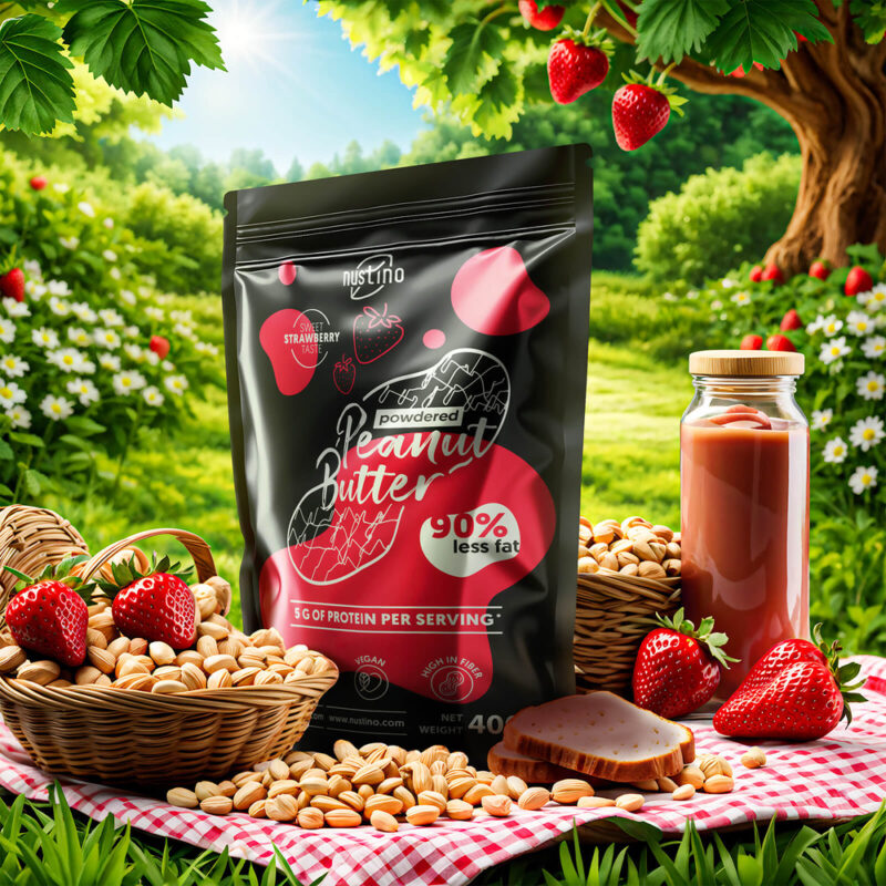 Nustino – miltelių pavidalo riešutų sviestas Braškių skonio 400gr – vaizdas 2